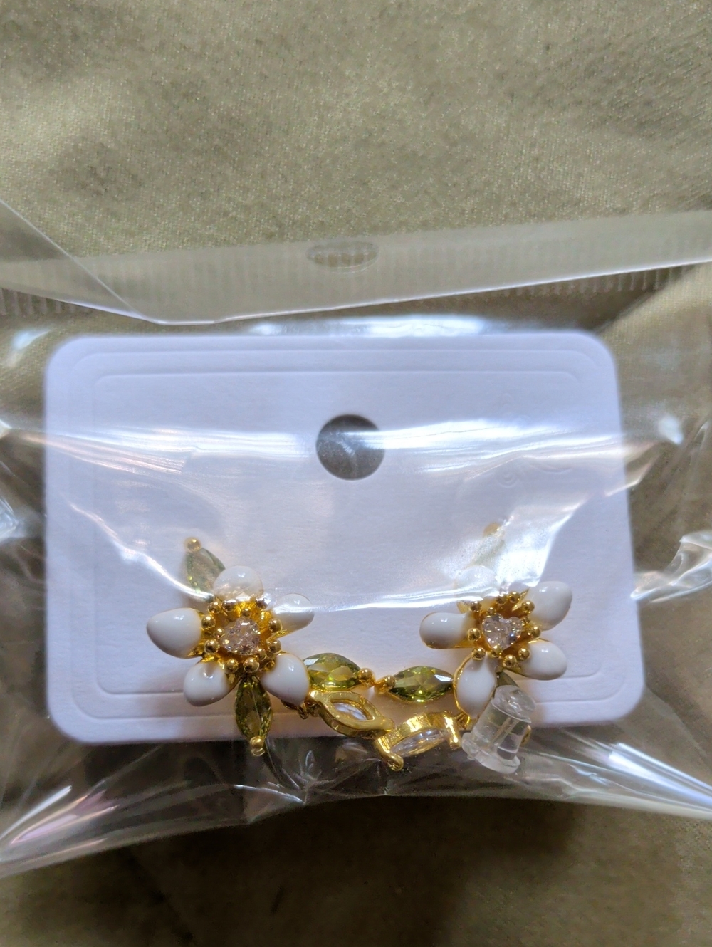 Gold Floral White and Light Green Earrings - Elegant Women's Jewelry